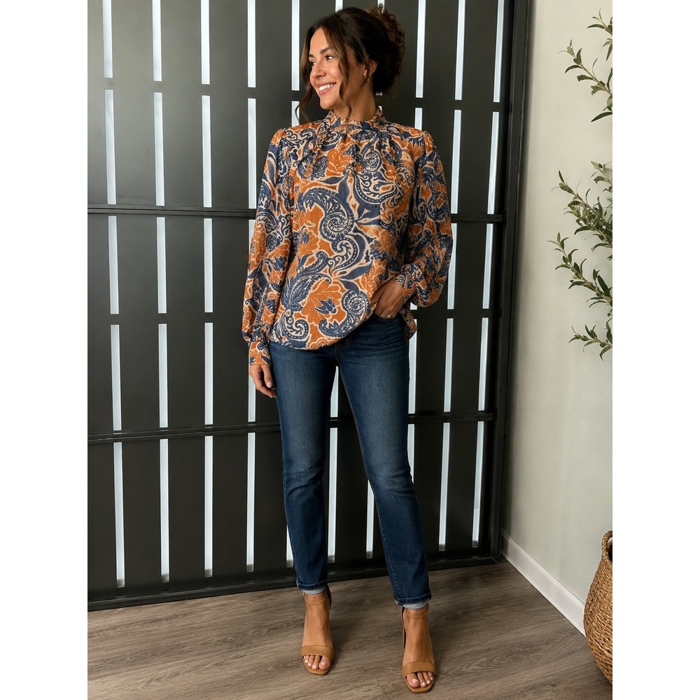 Flying Tomato Paisley Tie Back Blouse Orange Navy Metallic Gold CT3425 Small NEW
